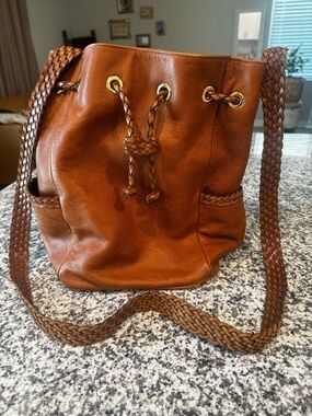 Vintage LJS Collection Cognac Leather Bucket Bag Braided Strap Drawstring